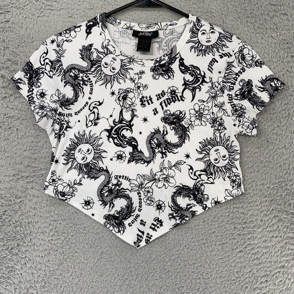 Just Polly Crop Top Womens Large Celestial Dragon Sun Moon Cropped Baby Tee